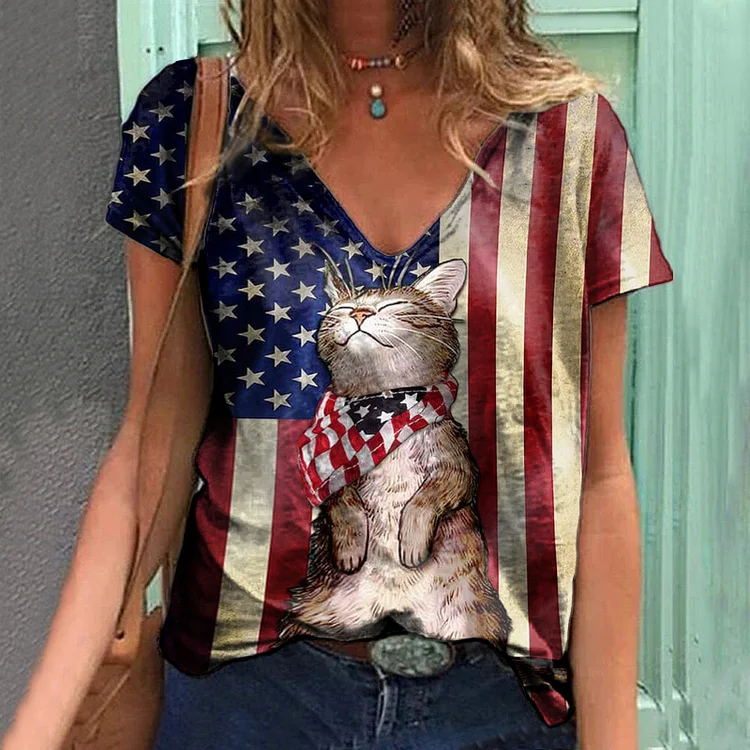 Cat Flag Print Casual T-Shirt