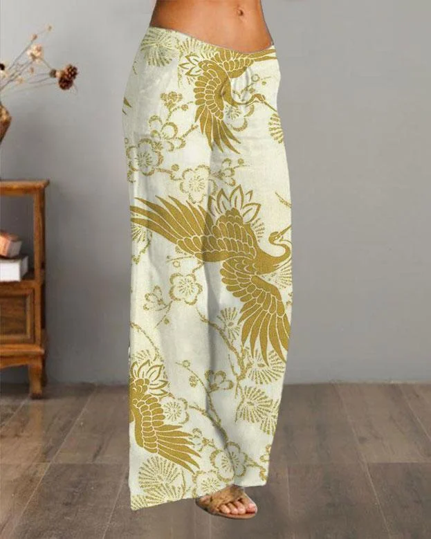 Japanese Golden Flying Crane Print Cotton Casual Pants
