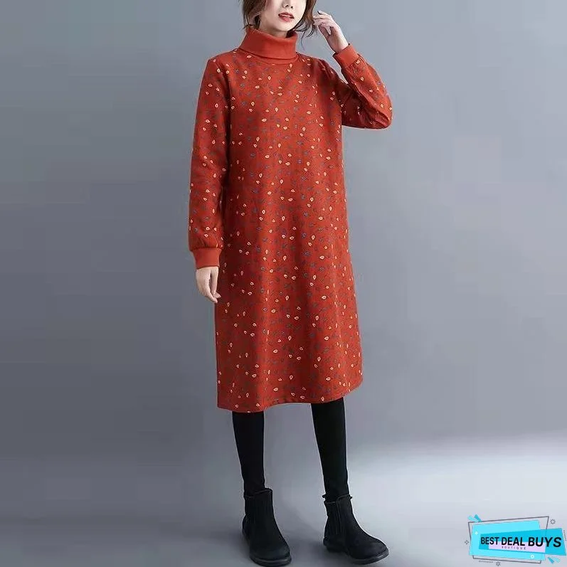 Plus Size Cotton Vintage Floral For Women Casual Loose Autumn Winter Dress