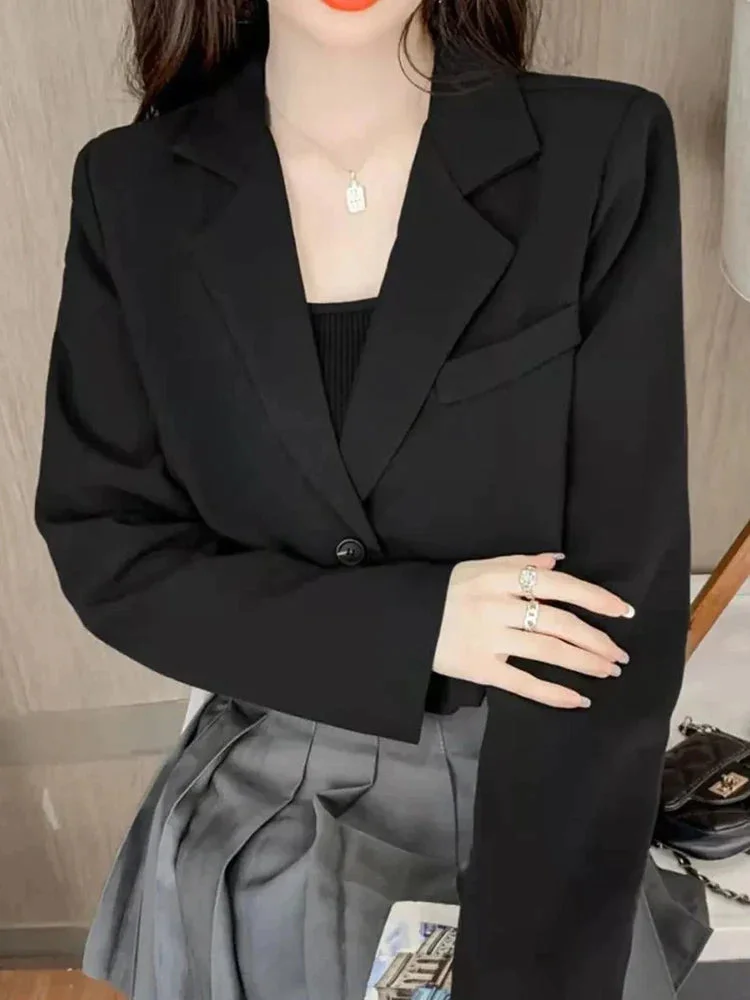 Huiketi Fashion Single Button Women Cropped Blazer Korean Long Sleeve Elegant Suit Jacket Office Ladies Female Khaki Coat