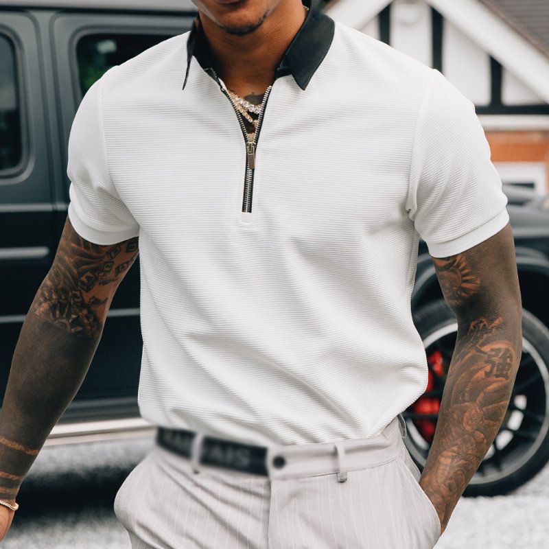 Zipper Neck Contrasting Polo Shirt-Compassnice®