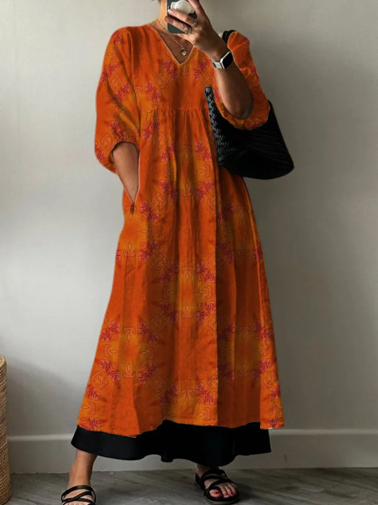 Orange Gradient Decorative Pattern Pocket V-neck Cotton Dress