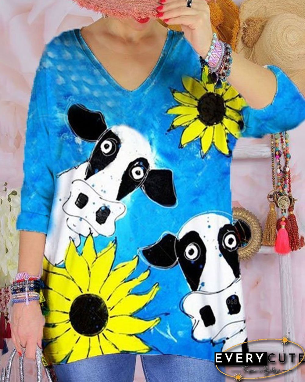 V-Necked Print Women Loose Top