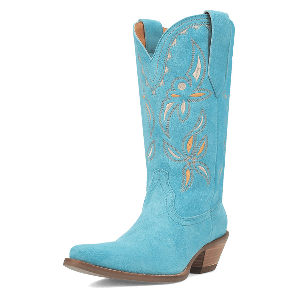 Vegan Suede Snip Toe Embroidered Mid-Calf Cowgirl boots in Blue