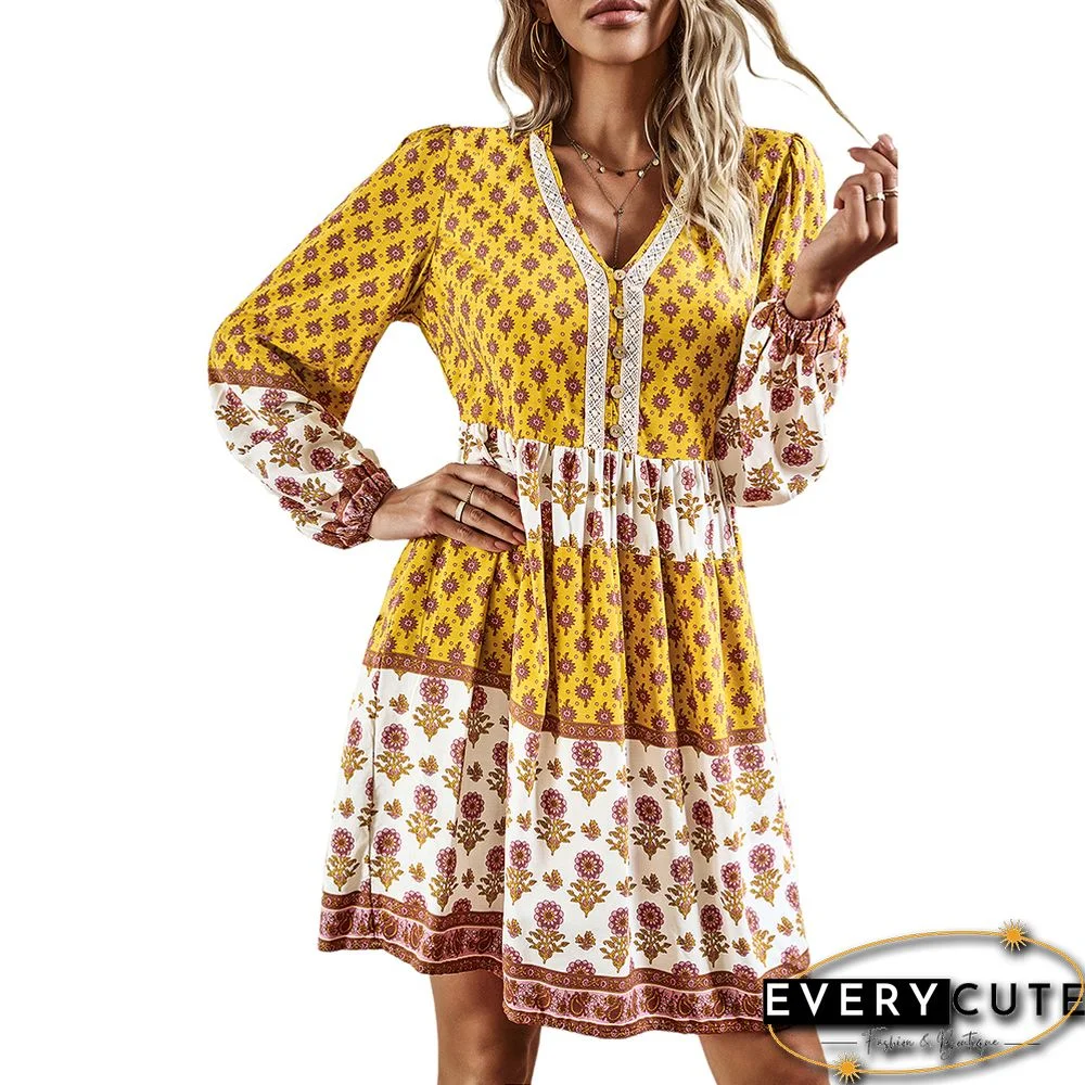 Yellow Bohemia Print Button Detail V Neck Long Sleeve Dress