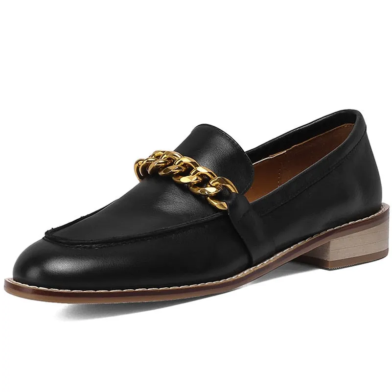 Meotina Genuine Leather Loafers Shoes Women Low Heels Chain Chunky Heel Pumps Round Toe Slip On Female Footwear Spring Apricot