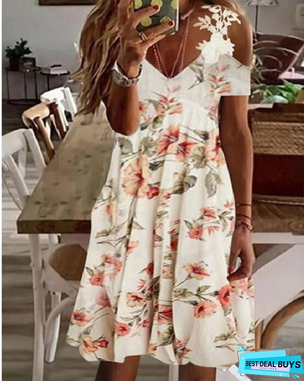 Printed Lace Short Sleeve Dress