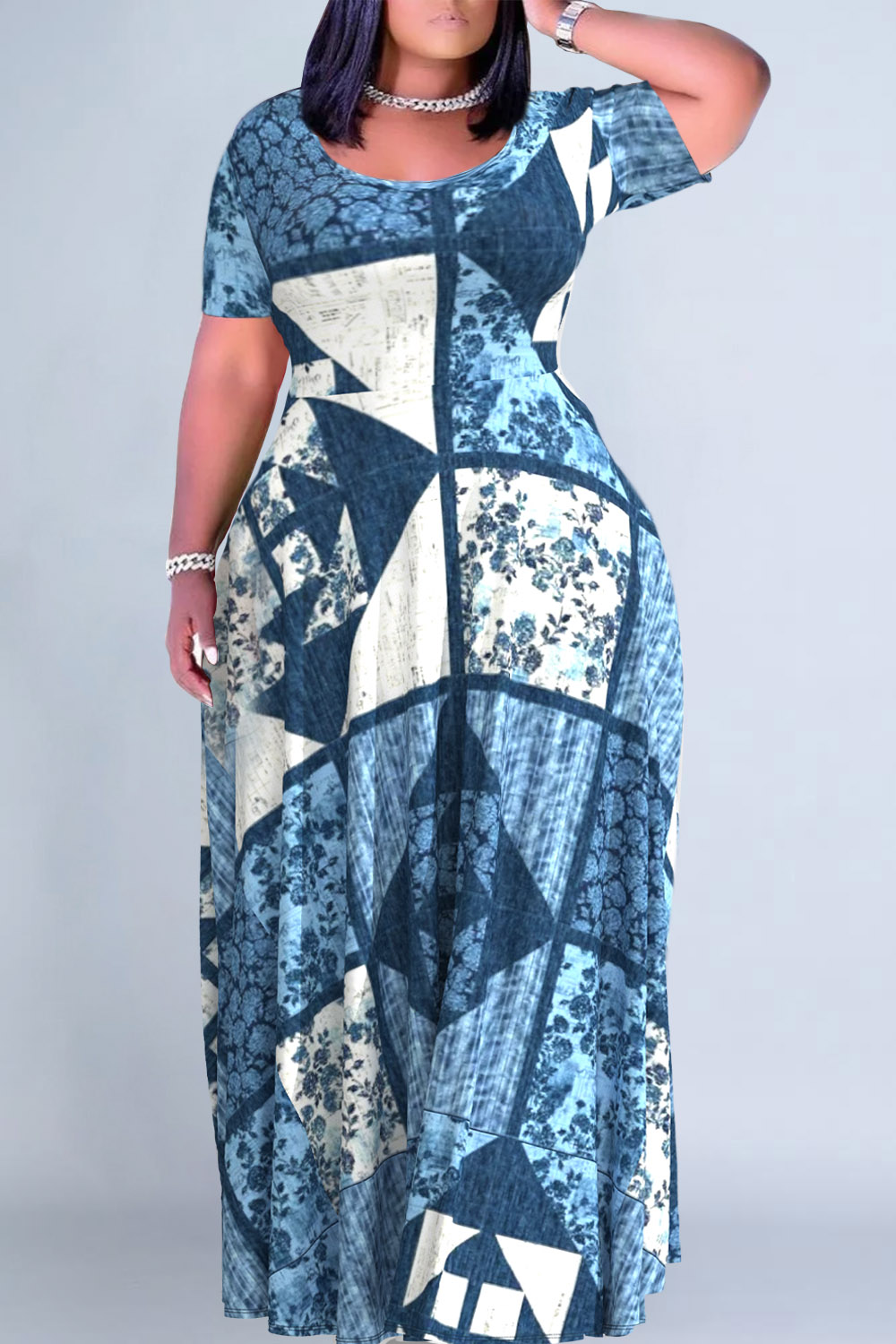 Plus Size Blue Casual Geometric Print Patchwork Short Sleeve Maxi Dresses [Pre-Order]