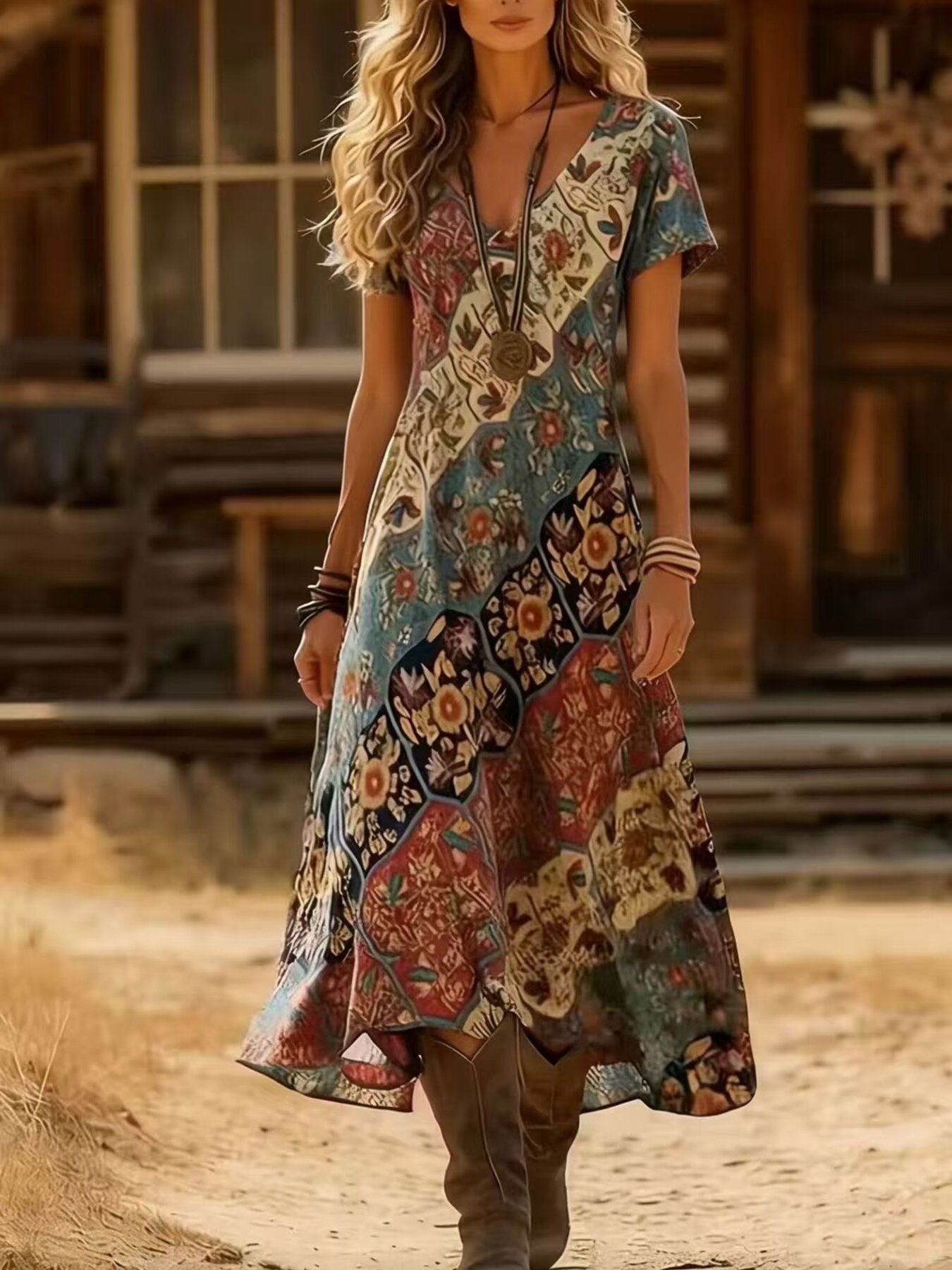 Printed V-Neck Short Sleeve Midi Dress mysite idetrend