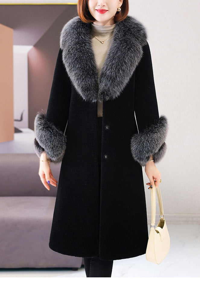 VCSHOES Black Fox Collar Tie Waist Woolen Long Coat Winter