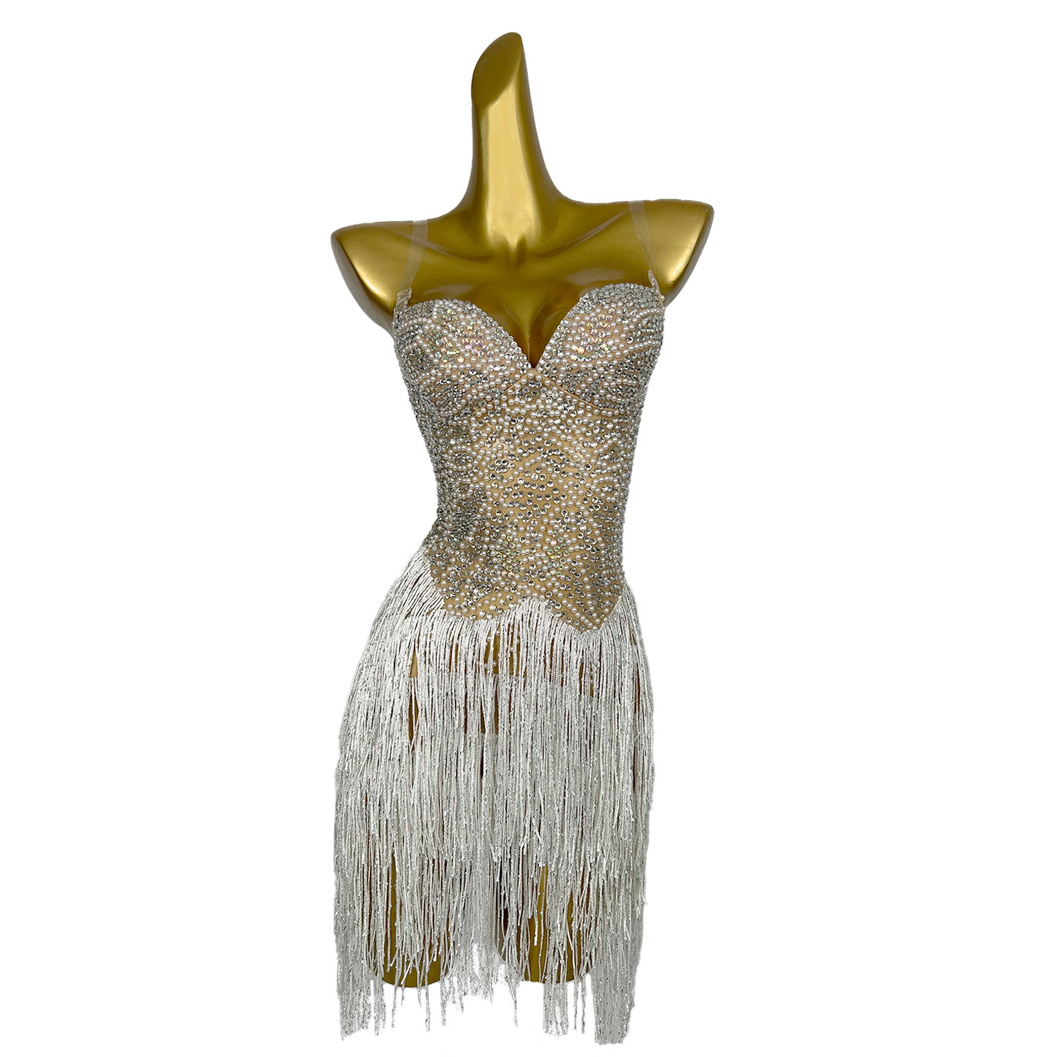 GOOSHOE Crystal Fringe Backless Prom Gowns White Pearls Off Shoulder Short Dress Stage Costume Qiaqia