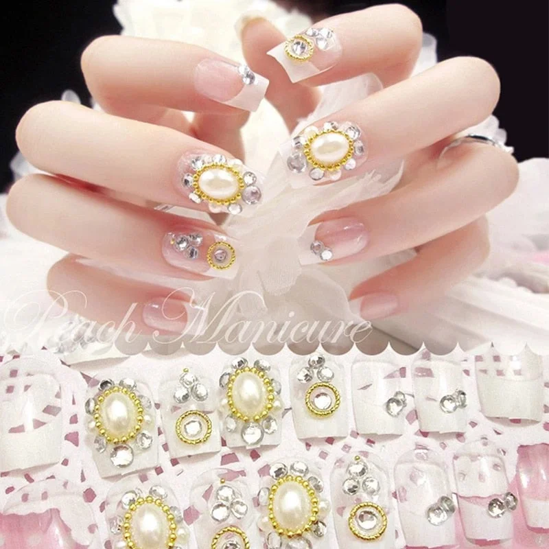 Hot Sell 24PCS/Sets Wedding Bride Fake Nails Crystal Pearl Rhinestone Nail Patch Full Nail Tips Fingernail Women Nail Art-Nail Inspo