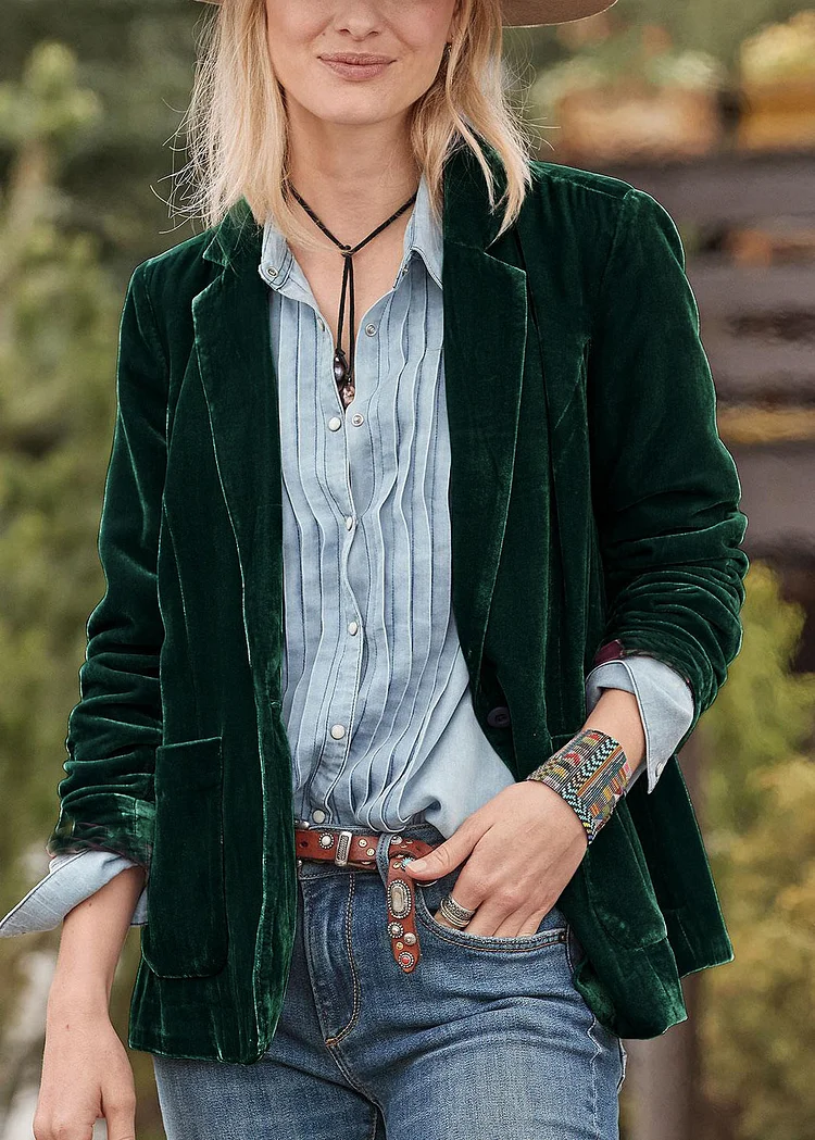 Stylish Blackish Green Notched Pockets Velvet Suit Coat Fall