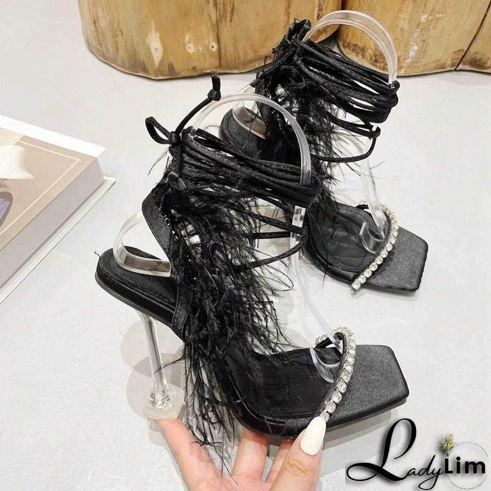 High-heeled Rhinestone Feather Sandals