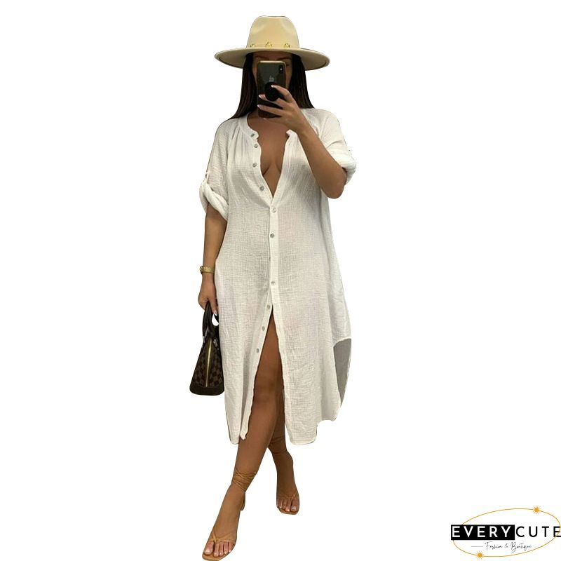 Plain Button Design Long Sleeve Dress