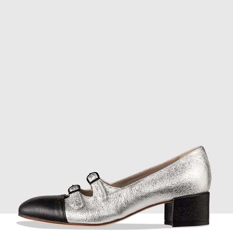 TAAFO Black Silver Patchwork Women Mary Janes Pumps High Chunky Heels Round Cap Toe Plus Size 14 16 Ladies Shoes