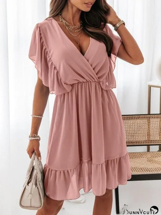 Dresses V-Neck Short Sleeve Ruffled Chiffon Dress for Women