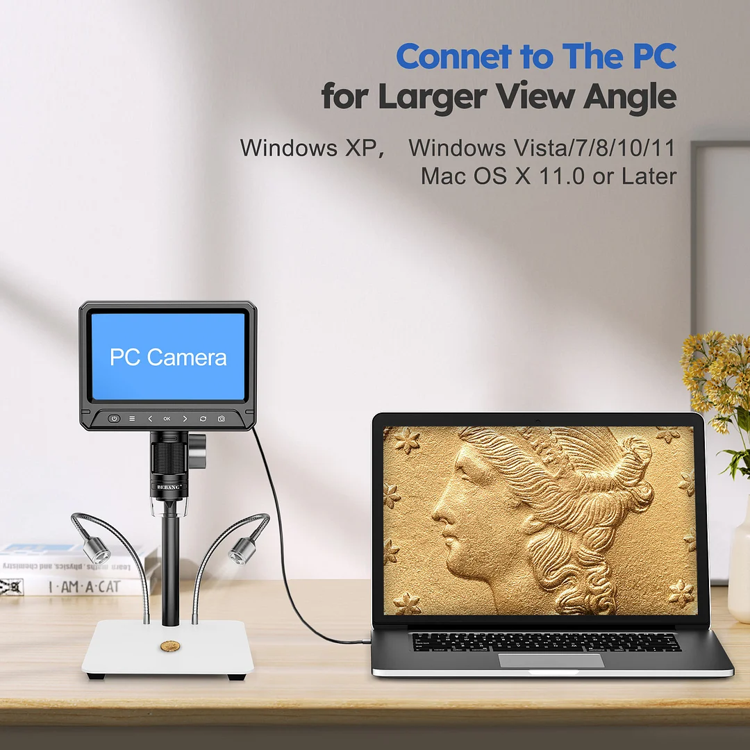 BEBANG 7" Coin Microscope, 1200X LCD Digital Microscope with 8 Adjustable LED Lights, 2 Flexible Side Lights, PC View Compatible with Windows Mac OS, 32GB