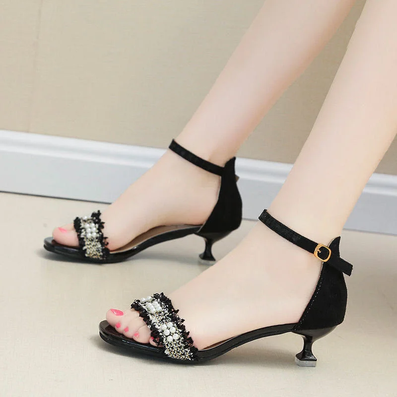 Qengg New Summer Mid-heel Sandals Shoes Korea Women Comfortable Party Dress Open Toe Stiletto Kitten Heels Sandalias Shoes