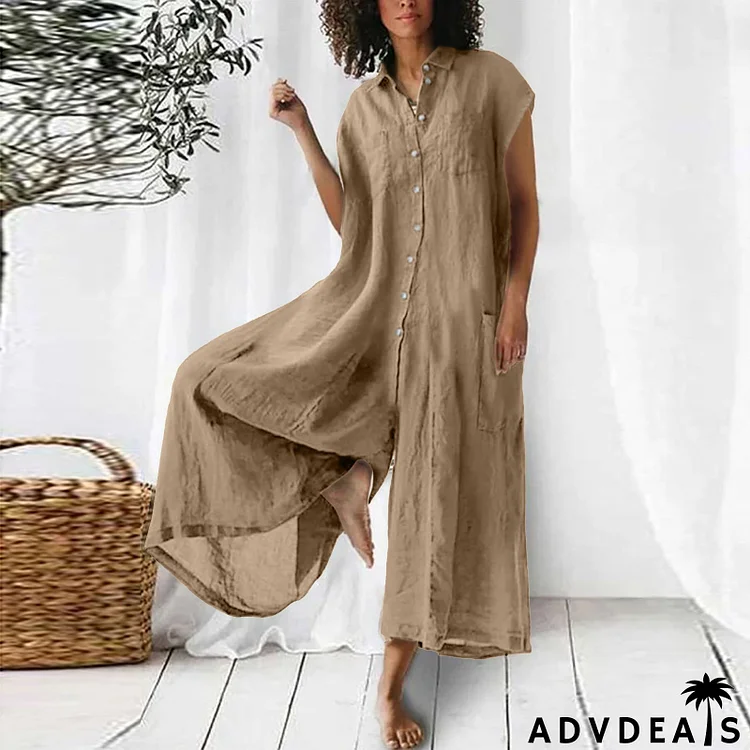 Casual Women Loose Comfortable Linen Solid Color Short Sleeve Single-Breasted Jumpsuits