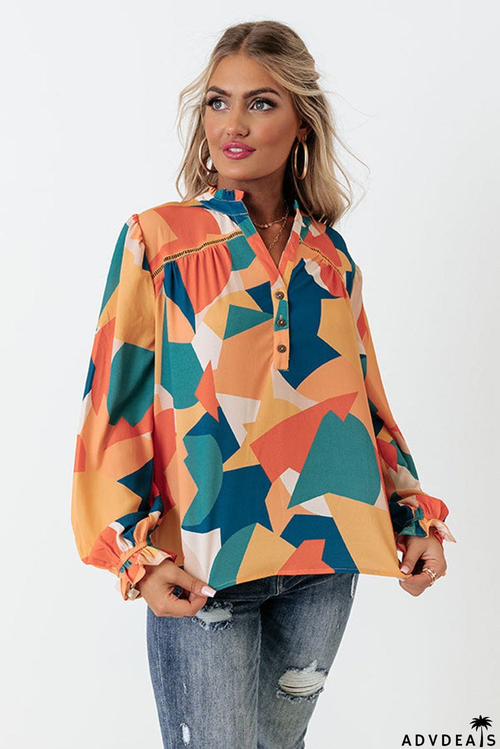 Geometric Patchwork Print Half Buttoned Blouse