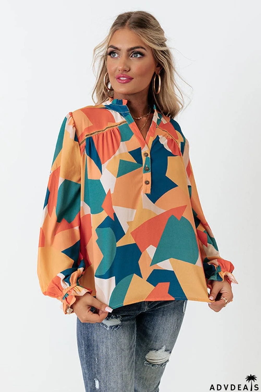Geometric Patchwork Print Half Buttoned Blouse