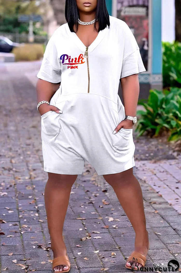 White Fashion Casual Letter Print Patchwork V Neck Regular Romper