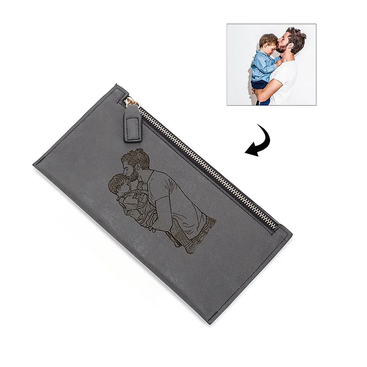 Women's Long Style Personalized Photo Wallet Engraved Zipper Wallet Black