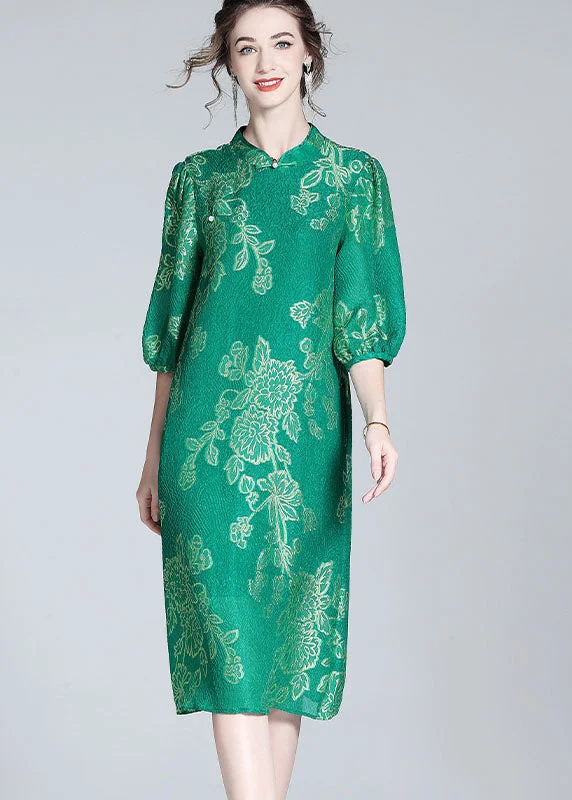 Chic Green Embroideried Patchwork Chinese Button Silk Dresses Summer