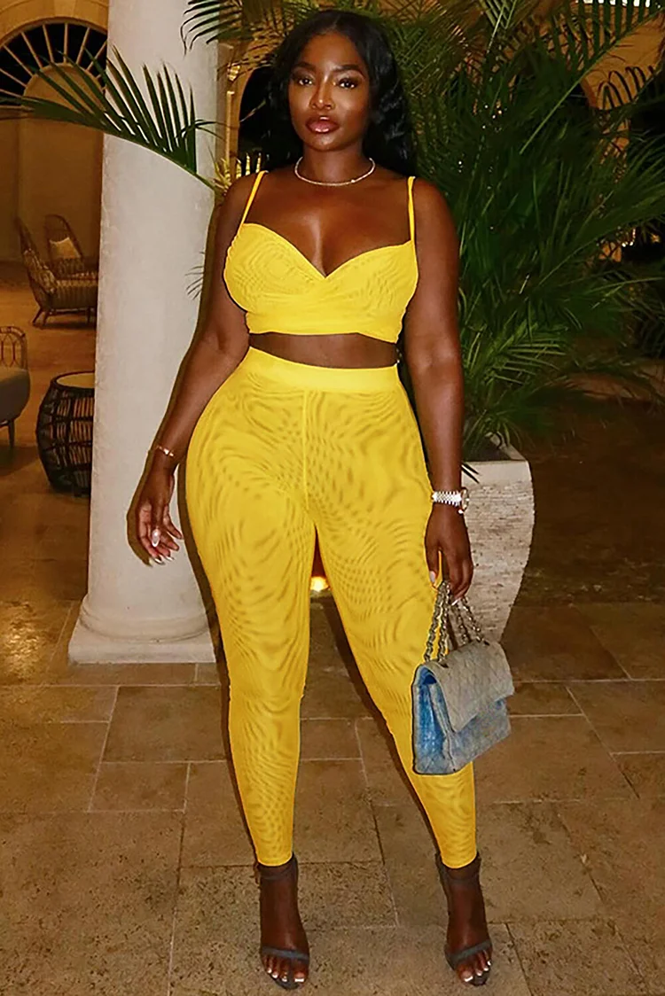 V Neckline Crop Cami Solid Color Knit High Waist Skinny Pants 2pcs Set-Yellow