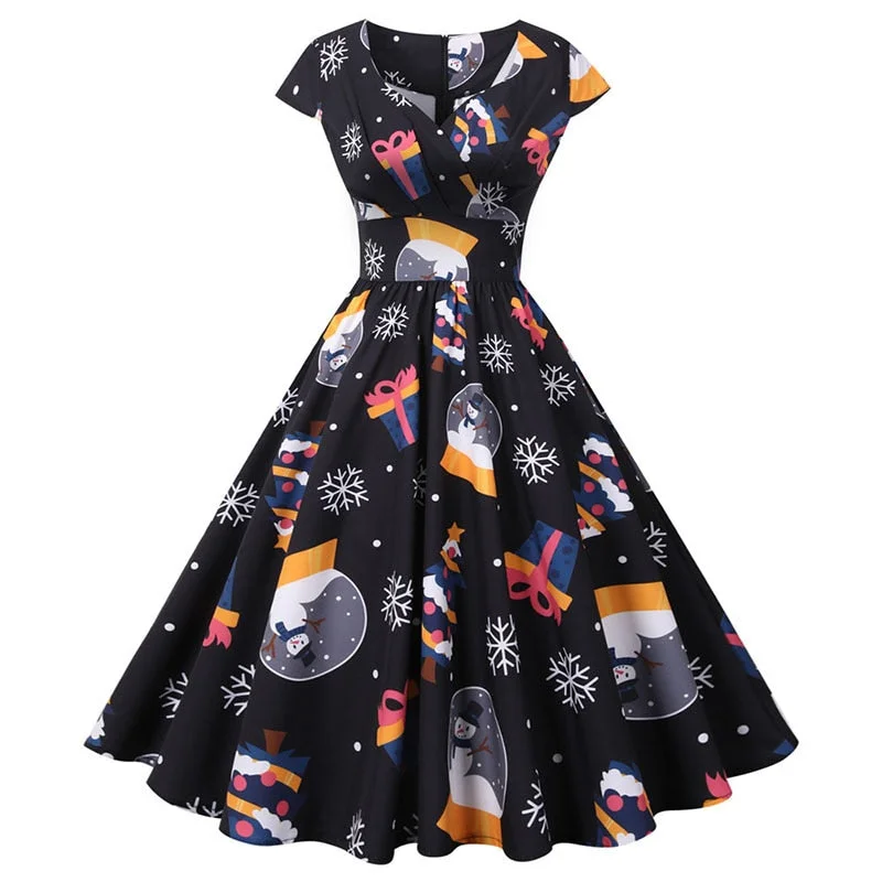 White Print Vintage Christmas Dress Women Winter Big Swing Elegant Short Sleeve V Neck Sexy New Year Party Sundress