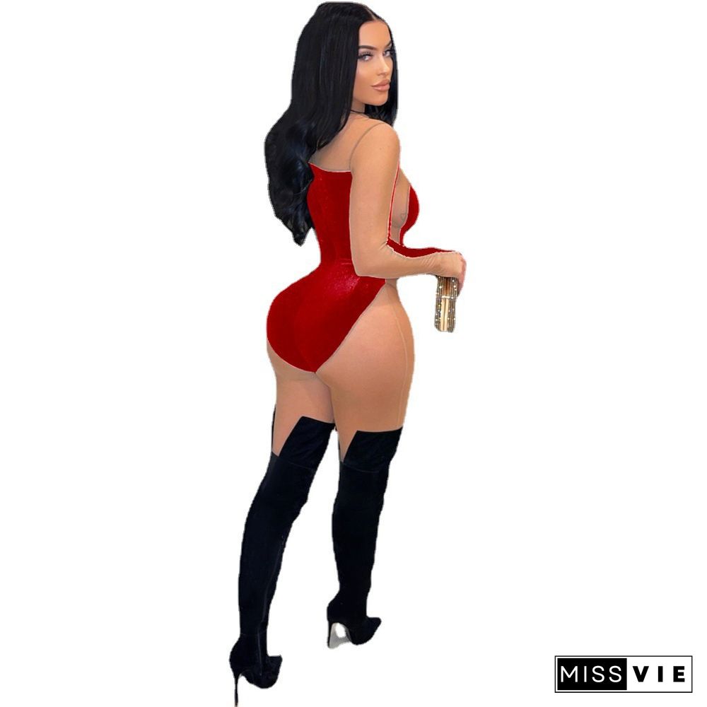 Sheer Mesh Patchwork Velvet Skinny Jumpsuit