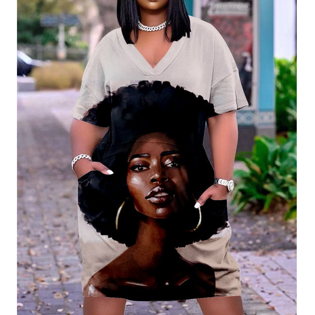 3D printed loose plus size v-neck mid-sleeve dress