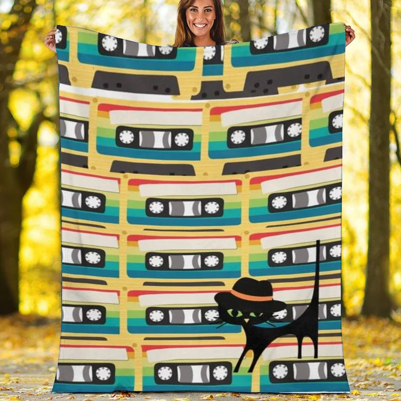 Atomic Cat Retro Cassettes Hipster Groovy 70's 80's Modern THIN, Warm Velveteen Plush Blanket