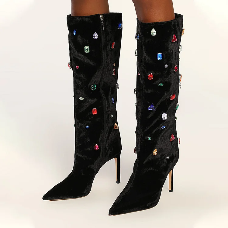Black Pointy Toe Knee Boots Stiletto Heel Multicolor Rhinestone Shoes |FSJ Shoes