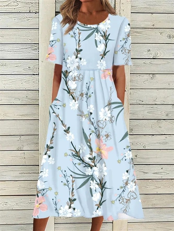 Women Short Sleeve Scoop Neck Floral Printed Polka Dot Graphic Midi Dress