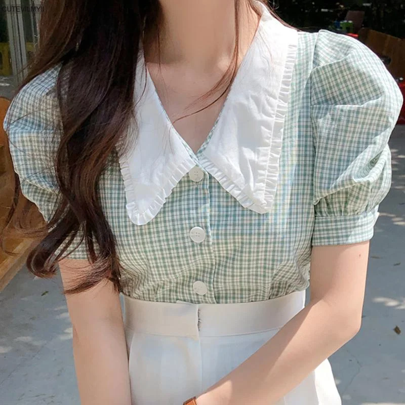 Vintage Retro Plaid single-breasted Shirt Female Tops Puff Sleeve Summer Women Blouses Femme Blusas Korean Chic Fashion