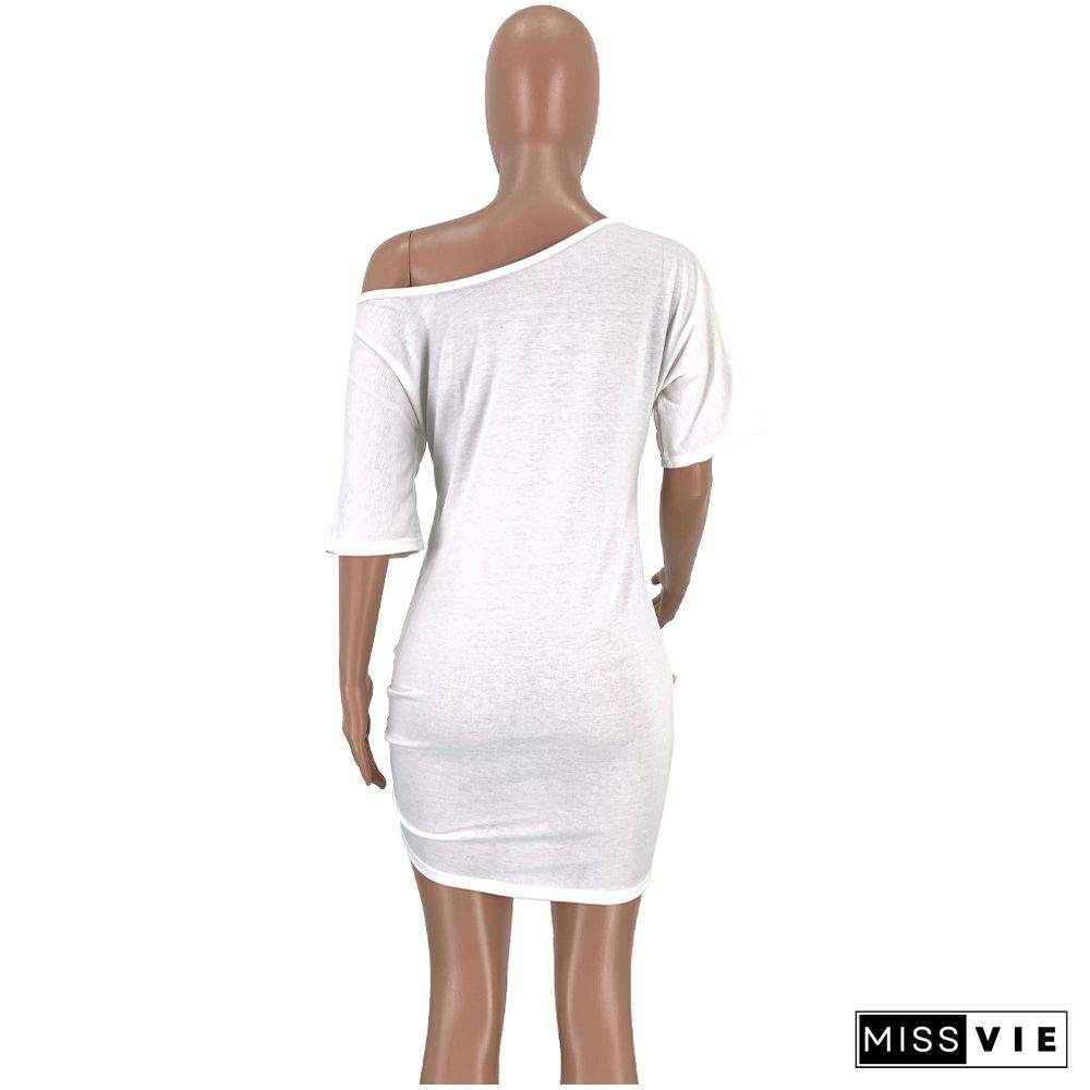 Lips Printed Sloping Shoulder Pocket Mini Leisure Dress