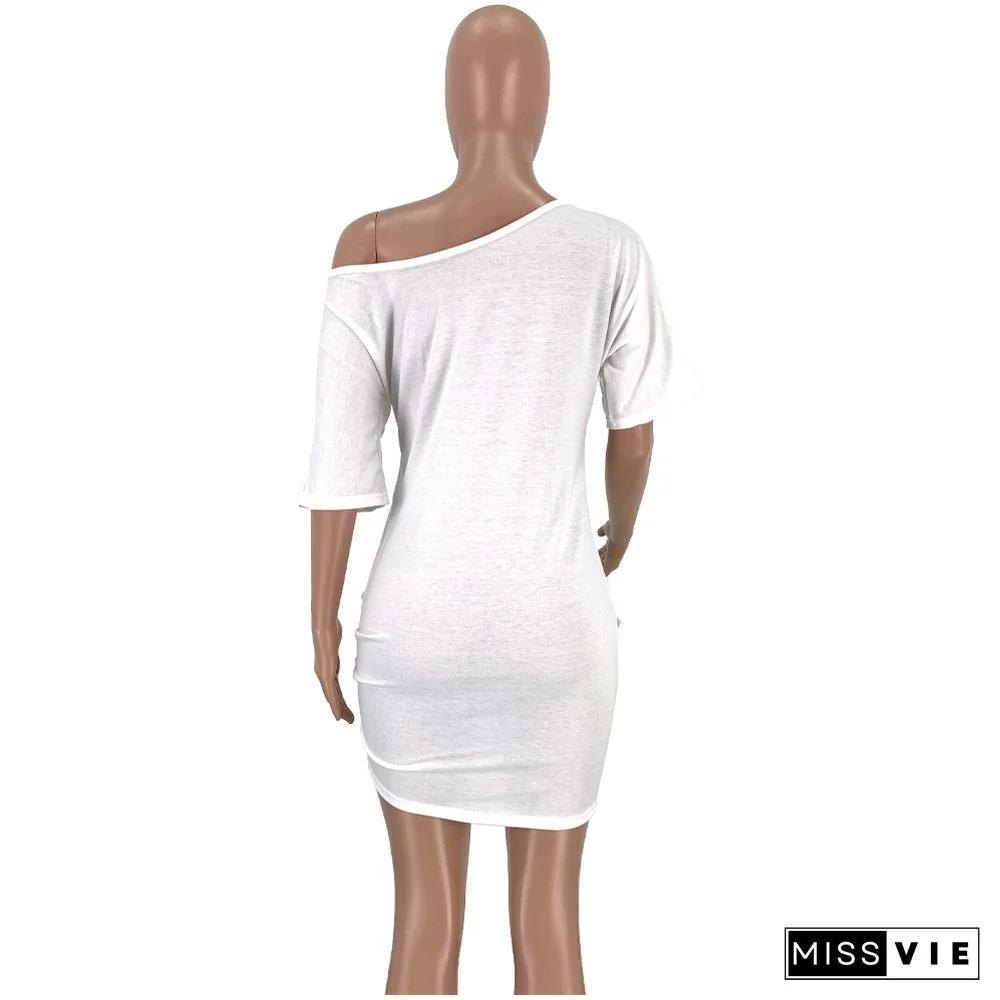 Lips Printed Sloping Shoulder Pocket Mini Leisure Dress