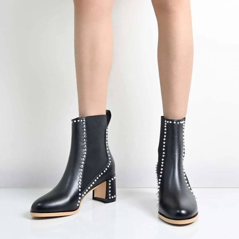 Black Chelsea Boots Heeled Boots With Rivets Chunky Heel Ankle Boots