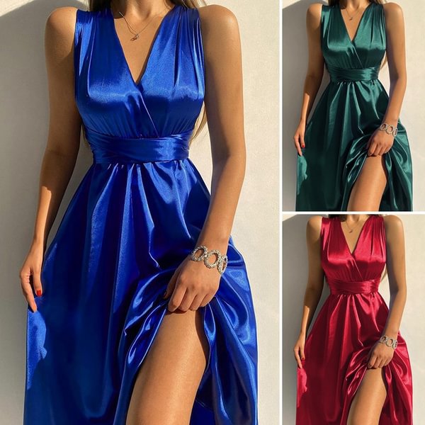 S-5XL Ladies Silk Sleeveless V Neck Sundress Solid Split Hem Party Swing Long Maxi Dress Plus Size - Shop Trendy Women's Clothing | LoverChic