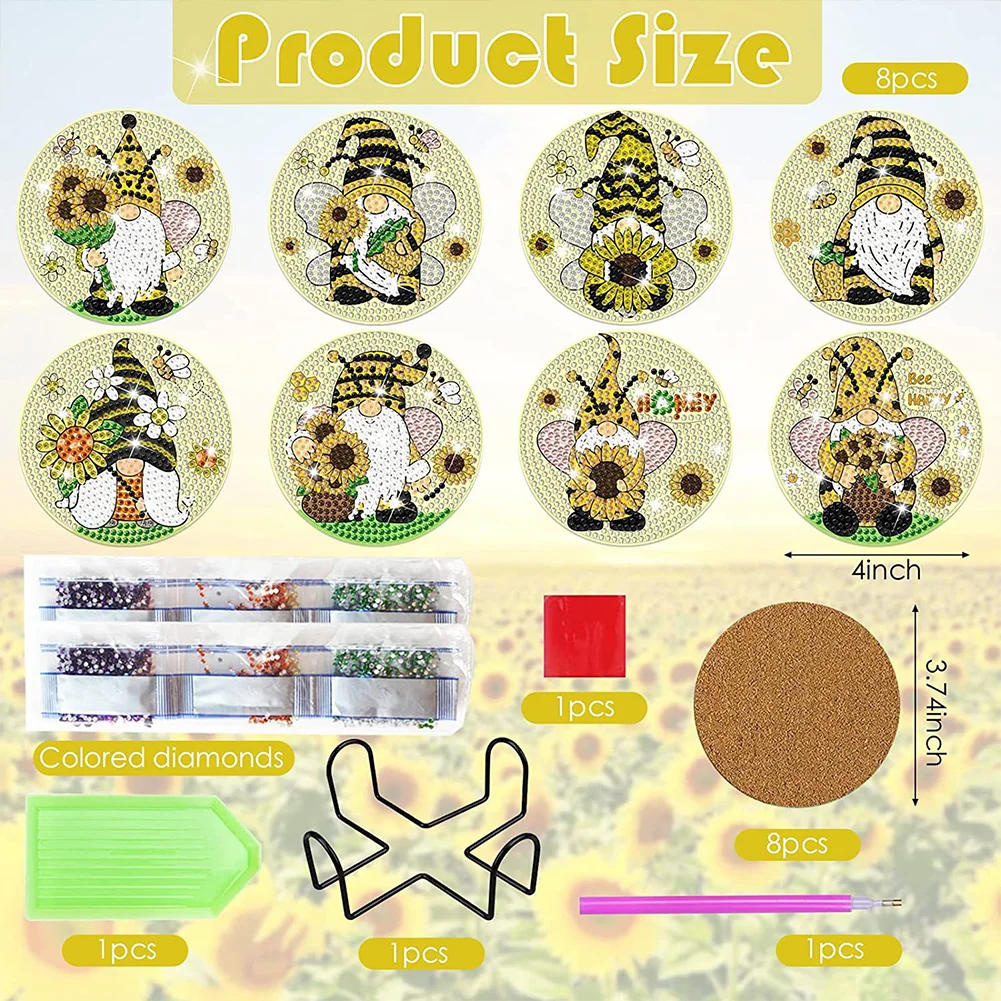 8pcs DIY Sunflower Gnome Round Diamond Painting Acrylic Coasters Kits for Adults Kids Beginner Gift Supplies