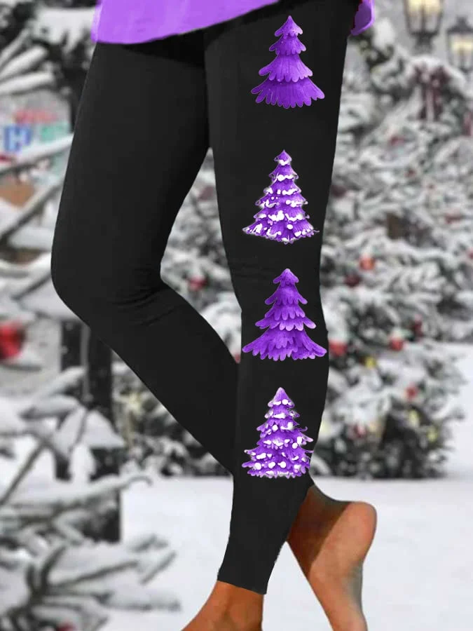 Women‘s Purple Christmas Tree Print Casual Leggings