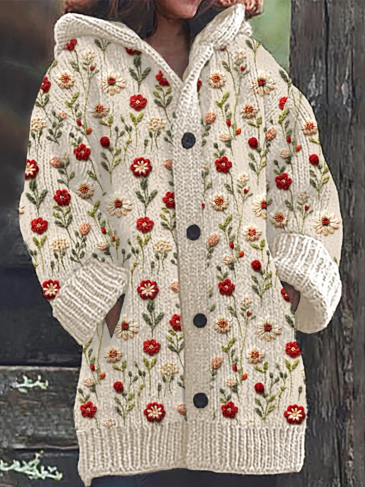 VChics Floral Embroidery Pattern Cozy Knit Hooded Cardigan