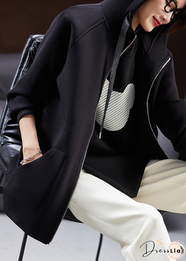 Plus Size Black Drawstring Zippered Hooded Coat Fall