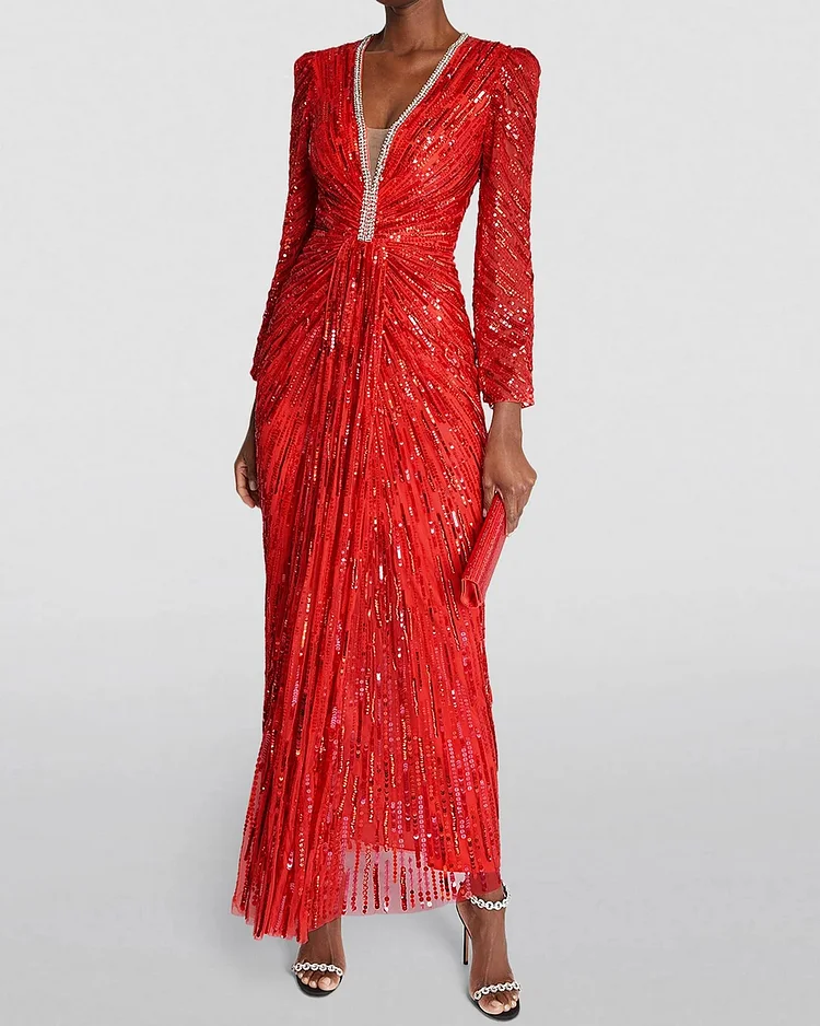 Twisted glitter sequined V-neck rhinestone maxi dress