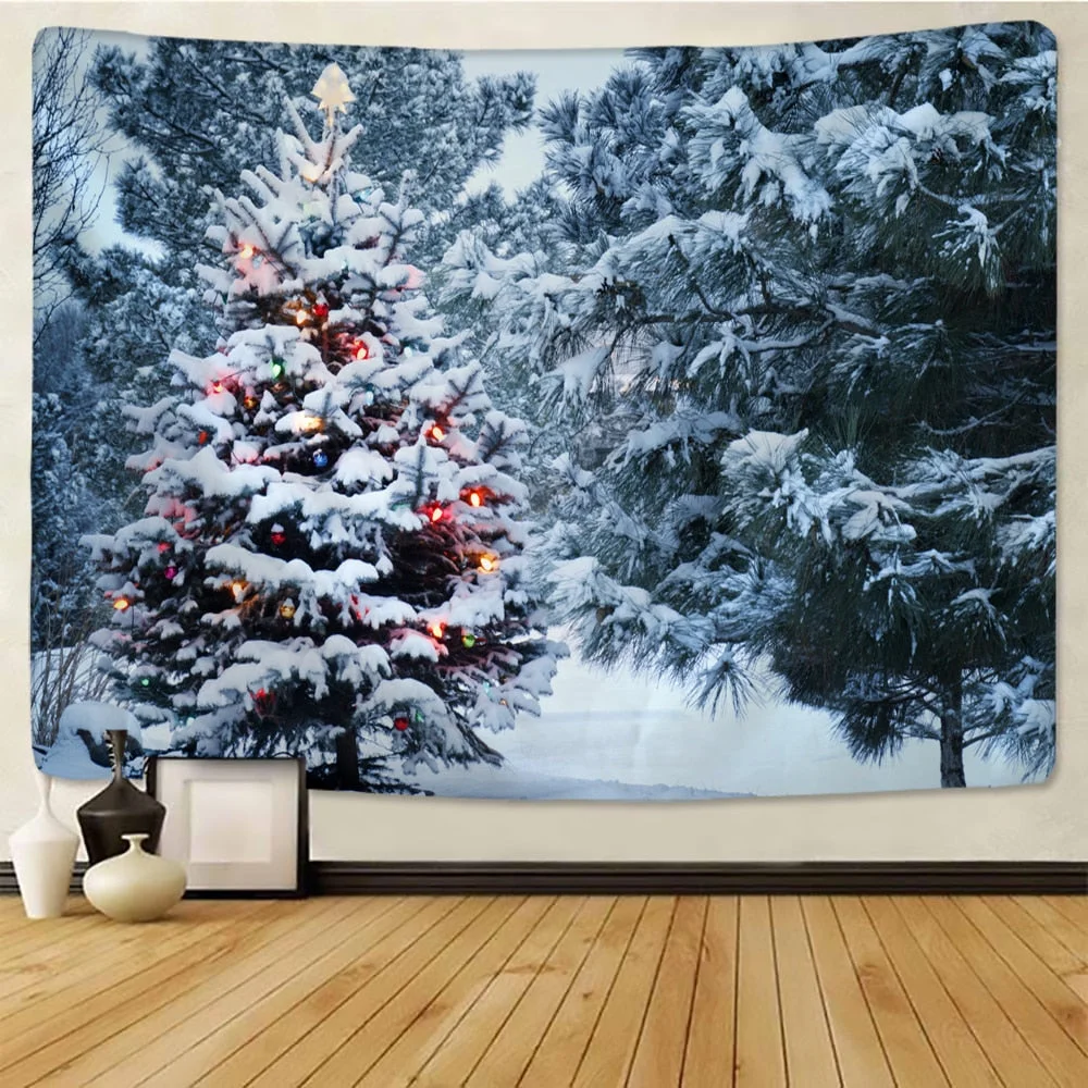 Xmas Tapestry Home Wall Hanging Polyester Snow Scene Christmas Tree Pattern Blanket Home Decoration Gift