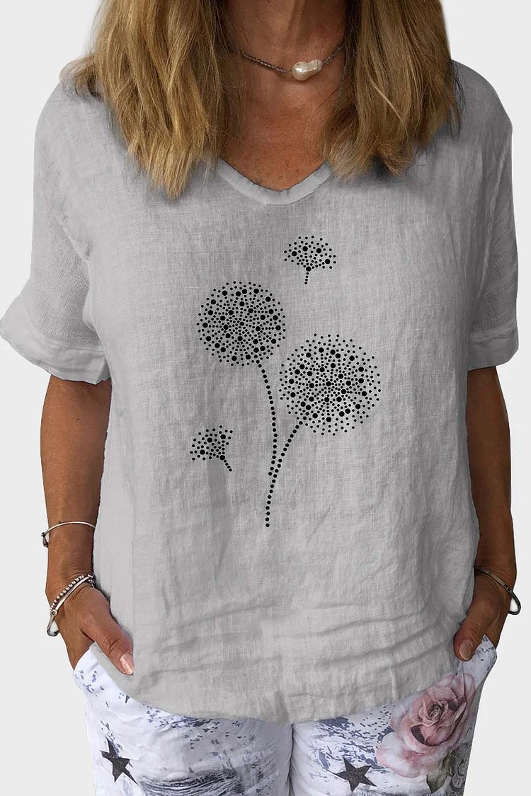 Dandelion Print V Neck Short Sleeve Casual Linen Top