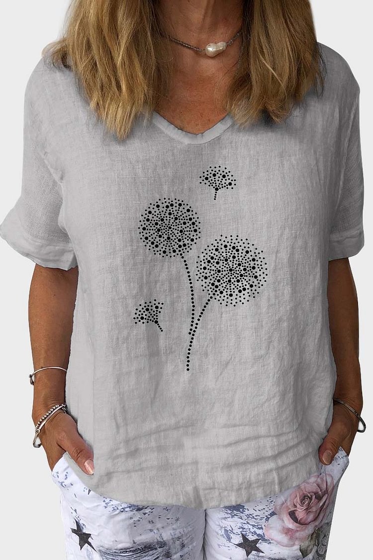 Dandelion Print V Neck Short Sleeve Casual Linen Top