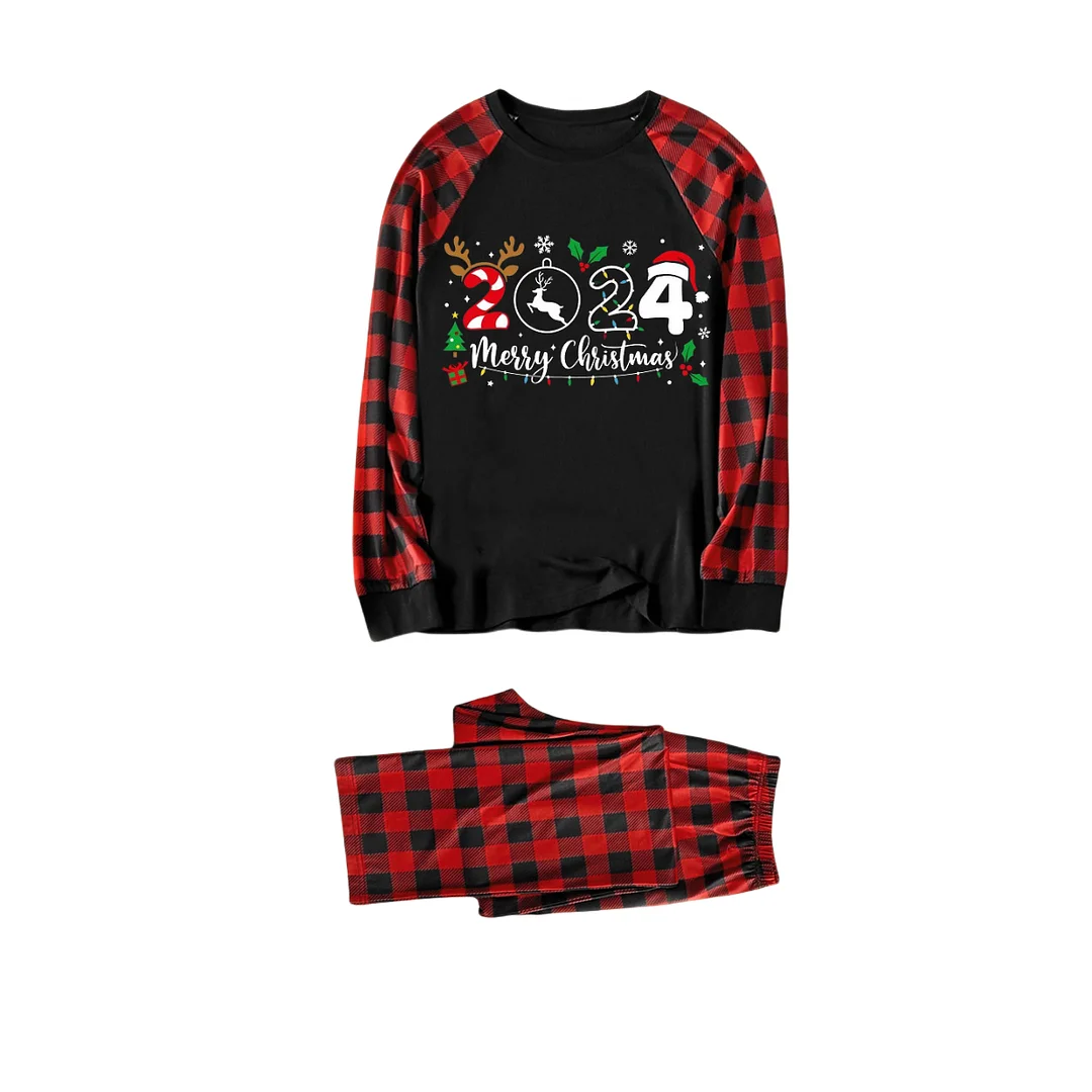 "2024 Merry Christmas" Text Print Black & Red Plaid Christmas Matching Pajamas